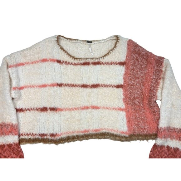 *Free People Sweater Womens Size XL Pullover Knit Crop Striped Pink Fuzzy Boho - Picture 3 of 7